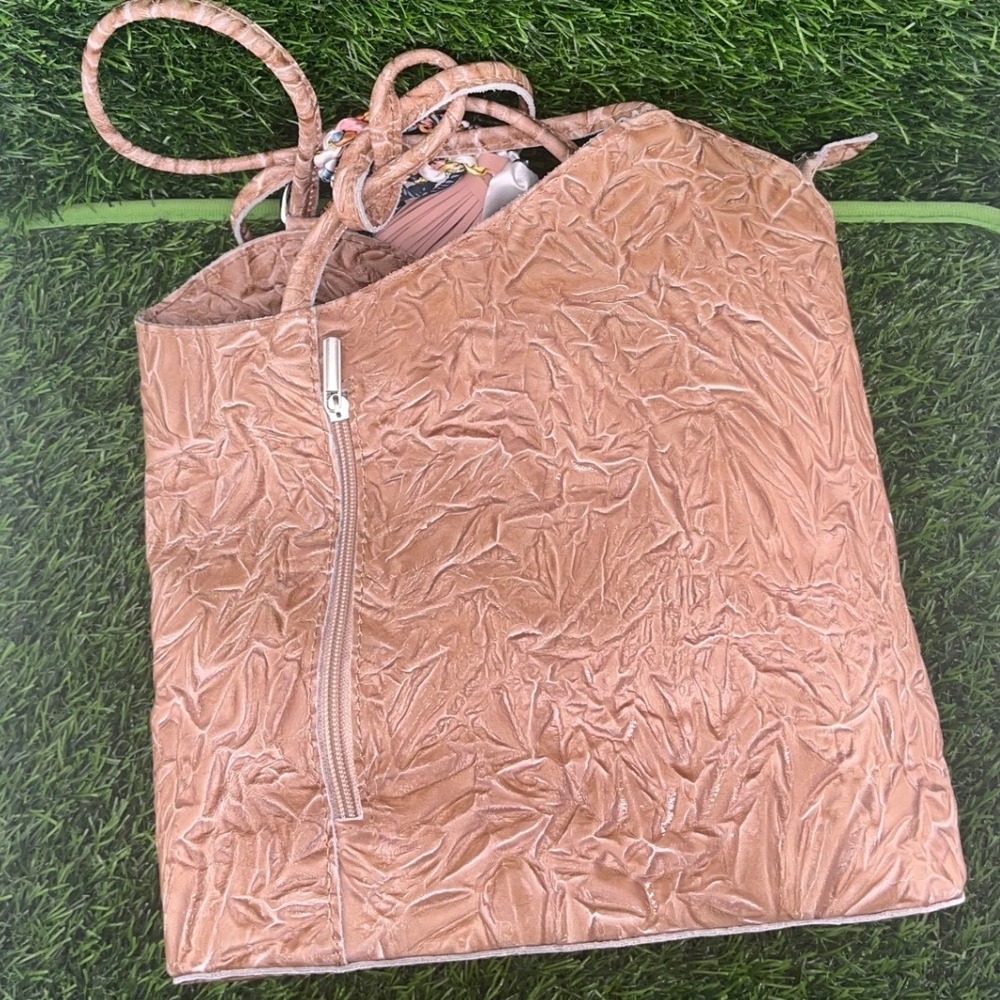 Embossed Leather Tote Bag with Scarf Accent Charm Made in Italy Borse in Pelle - Picture 2 of 16